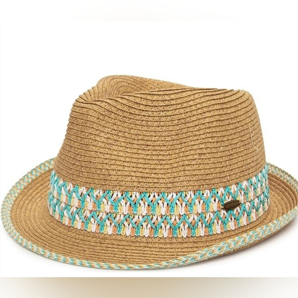 C.C Woven Straw Hat with Turquoise and Cream Trim